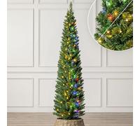 Christow Pre-Lit Pencil Christmas Tree 6ft with Dual-Colour ED Lights (Switch from Warm White to Multi-Coloured), Slim Shape with Bushy PVC Tips, 11 Modes - Colour Changing, Timer, 45cm Diameter