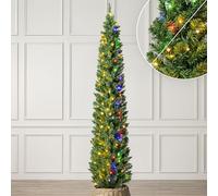 Christow Pre-Lit Pencil Christmas Tree 7ft with Dual-Colour ED Lights (Switch from Warm White to Multi-Coloured), Slim Shape with Bushy PVC Tips, 11 Modes - Colour Changing, Timer, 53cm Diameter