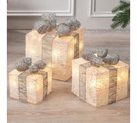 Christow Silver Light Up Christmas Parcels Led Presents Battery Operated Timer Set Of 3 (White & Silver)