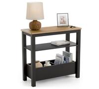 Christow Slim Console Table Oak-Effect Top Shelf & Storage Charcoal H60Cm X W65Cm X D28Cm