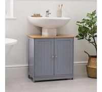 CHRISTOW Under Sink Bathroom Cabinet, Bamboo-Effect Top, Grey | Free Standing Basin Cupboard for Pedestal Sinks, 2 Doors, Internal Storage Shelf, Durable MDF, Cut-Out Size W19.5cm x D22cm
