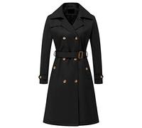 Chrisuno Women's Double Breasted Long Trench Coats Mid-Length Belted Overcoat Dress Jacket with Detachable Hood, Black, S