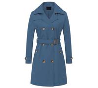 Chrisuno Women's Double Breasted Long Trench Coats Mid-Length Belted Overcoat Dress Jacket with Detachable Hood, Dark Blue, Small