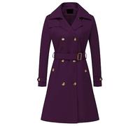Chrisuno Women's Double Breasted Long Trench Coats Mid-Length Belted Overcoat Dress Jacket with Detachable Hood, Purple, Medium