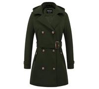 Chrisuno Women's Double Breasted Pea Coat Hooded Long Winter Trench Coat, Army Green, S