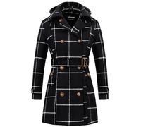 Chrisuno Women's Double Breasted Pea Coat Hooded Long Winter Trench Coat, Black Plaid, Large