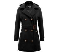 Chrisuno Women's Double Breasted Pea Coat Hooded Long Winter Trench Coat, Black, XXL