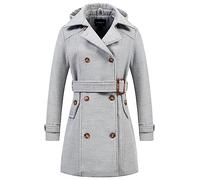 Chrisuno Women's Double Breasted Pea Coat Hooded Long Winter Trench Coat, Light Grey, Small