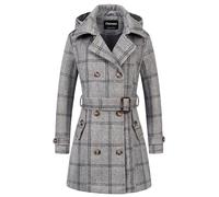 Chrisuno Women's Double Breasted Pea Coat Hooded Long Winter Wool Trench Coat, Grey Plaid, Large