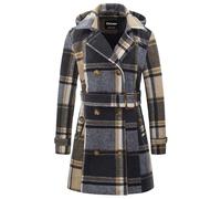 Chrisuno Women's Double Breasted Pea Coat Hooded Long Winter Wool Trench Coat, Yellow Plaid, S