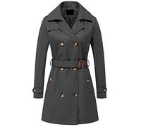 Chrisuno Women's Double Breasted Trench Coats Mid-Length Belted Overcoat Long Dress Jacket with Detachable Hood, Grey, Large