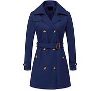 Women's Double Breasted Trench Coats Mid-Length Belted Overcoat Long Dress Jacket with Detachable Hood, Navy Blue, Large