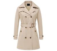 Chrisuno Women's Double Breasted Trench Coats Mid-Length Belted Overcoat Long Dress Jacket with Detachable Hood, Khaki, L