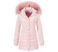 Chrisuno Women's Warm Winter Coat Velvet Puffer Jacket Quilted Faux Fur Hood, Pink, M