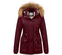 Chrisuno Women's Winter Parka Coats Soft Fleece Sherpa Lined Drawstring Snow Jacket With Faux Fur Trim Hood, Burgundy, XL