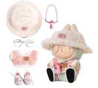 Chritice 5PCS Doll Clothes for Doll,Compatible with Labubu,Vinyl Plush Toy Pink Outfit Set Accessories for 17CM Dolls,1 Hat,Sweater,Water Bottle,Shoes & Glasses,No Dolls