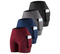 CHRLEISURE 4 Packs Spandex Yoga Shorts with Pockets for Women, High Waisted Workout Booty Shorts, 4 Packs - Black/Gray/Navy /Burgundy, M