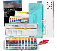 CHROMATEK Watercolour Paint Set - 50 Vivid colours Including Transparent, Opaque & Pastel - Art Kit with Brush, Water Pen, Palette, colour Chart, Swatch Sheets, Pad & Metal Travel Case