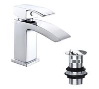 Chrome Basin Mixer Tap for Vanity & Wash Hand Basins, Solid Brass, Includes Fixtures Swivel Flip Top Slotted Waste and Fittings 1/4 Turn Ceramic Disc 0.5 Bar Minimum Water Pressure