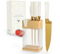 CHROME CLUB Stainless Steel White and Gold Knife Set with Block - 7 Piece Gold Kitchen Knife Set with Durable Clear Knife Block and Sharpener - Vibrant White Knife Set with Scissors and Cleaning Wipe