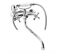 Chrome Cross Tap Head Bath Filler + Shower Mixer Wall Mounted, Long 30cm Spout