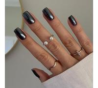 Chrome False Nails Medium, SXVME Metallic Black Press On Nails Short Medium Square, Glitter Shine Fake Nails Glue on Nails Cute, Mirror Acrylic Stick on Nail for Women Fall Winter Wear