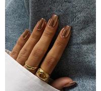 Chrome False Nails Medium, SXVME Metallic Brown Press On Nails Short Medium Square, Glitter Shine Fake Nails Glue on Nails Cute, Mirror Acrylic Stick on Nails for Women Daily & Party Wear