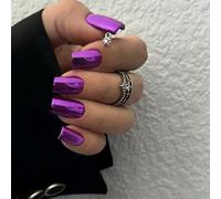 Chrome False Nails Medium, SXVME Metallic Purple Press On Nails Medium Short Square, Glitter Shine Fake Nails Glue on Nails Cute, Mirror Acrylic Stick on Nails for Women Daily & Party Wear