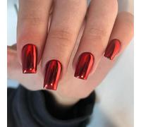 Chrome False Nails Medium, SXVME Metallic Red Press On Nails Short Medium Square, Glitter Shine Fake Nails Glue on Nails Cute, Mirror Acrylic Stick on Nails for Women Daily & Party Wear