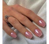 Chrome False Nails Short, SXVME Glazed Bright Pink Press On Nails Medium Square, Glitter Shine Fake Nails Glue on Nails Short Cute, Acrylic Stick on Nails for Women Daily & Party Wear