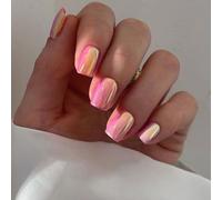 Chrome False Nails Short, SXVME Glazed Bright Pink Press On Nails Short Square, Glitter Shine Fake Nails Glue on Nails Cute, Acrylic Stick on Nails for Women Daily & Party Wear