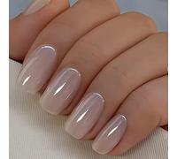 Chrome False Nails Short, SXVME Glazed Milky White Press On Nails Short Medium Square, Glitter Shine Fake Nails Glue on Nails Short Cute, Acrylic Stick on Nails for Women Daily & Party Wear