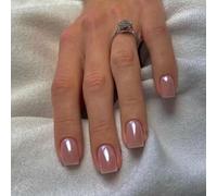 Chrome False Nails Short, SXVME Glazed Nude Pink Press On Nails Short Square, Glitter Shine Fake Nails Short Cute, Acrylic Stick on Nails for Women Daily & Party Wear