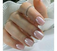Chrome False Nails Short, SXVME Glazed Pastel Pink Press On Nails Short Square, Glitter Shine Fake Nails Glue on Nails Short Cute, Acrylic Stick on Nails for Women Daily & Party Wear