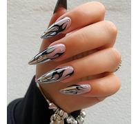 Chrome Flame Press On Nails - 24PCS Long Stiletto False Nails Nude Pink Base Black Fire Pattern with Rhinestone Accents - Stick On Nails with Jelly Adhesive Tabs for Women Party Club Daily Wear
