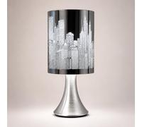 Chrome Futuristic Skyline Touch Table Lamp - Cyberpunk Sci-Fi Megacity Skyscraper Cut-Out Shade, Mirror Chrome Bedside Lamp with Warm Glow Night Light for Bedroom, Gaming Room & Office