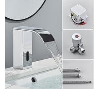 (Chrome Hot Cold A) Black Sensor Basin Faucet Bathroom Automatic Sensor Watefall Faucet Touchless Free Touch Sink Tap Ho