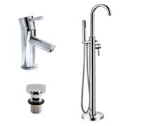Chrome Modern Basin Sink Mixer Tap & Freestanding Bath Shower Mixer With Handset Kit + Waste Nes Home Silver One Size