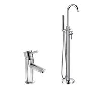 Chrome Modern Freestanding Bath Shower Mixer Tap With Shower Kit + Basin Sink Mono Tap Nes Home Silver One Size