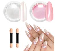 Chrome Nail Powder Ultra-Fine 25nm BISHENGYF, Fairy Pink & Pearl White Nail Chrome Powders for Metallic Mirror Effect & Pearlescent Glow, Dust-Free Professional Chrome Nails Set for Home 2PCS