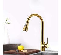 Chrome Nickel Pull Out Kitchen Faucet with 2-Way Sprayer 360 Rotation Single Handle Mixer Tap Sink Crane Warehouse-Golden(Brushed Faucet)