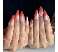 Chrome Ombre French False Nails Almond - Gradient Orange Press on Nails Oval - Medium Glazed Spakly Glitter Fake Nails with Glue - Reusable Glossy Acrylic Stick on Nails for Women Daily Wear Nail Art