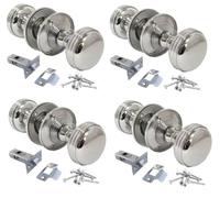 Chrome Polished Round Door Knob Set with Tubular Latch - Heavy Reeded Style Sprung Door Knobs for Internal & External Doors. (4 Pair of Handles + Tubular Latch)