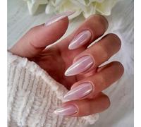 Chrome Press On Nails Almond, SXVME Glazed Light Pink Press On Nails Medium, Glitter Shine Fake Nails Medium Cute, Acrylic Natural Fit Stick on Nails for Women Daily & Party Wear