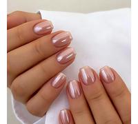 Chrome Press On Nails Short Square, Nude Pink Fake Nails with Glazed Glitter Finish, Acrylic Gel Stick on Nails for Women Daily Wedding Wear