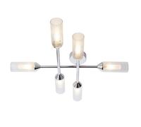 Chrome Semi Flush Bathroom Ceiling Light - Ribbed & Frosted Glass - 6 Bulb
