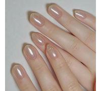 Chrome Short Almond Nails Press Ons Nude - 10Pcs Ice Translucent Press on Nails, Glossy Short Oval Almond Nude Pink Aurora Chrome Mirror Shine Cover for Women Daily Wear (#1,L)