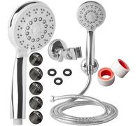 Chrome Shower Head with 5 Spray Modes and Anti-Limescale Silicone Nozzles, 2 m Stainless Steel Shower Hose, Suction Cup Holder, High Pressure & Water Saving, Standard G1/G2 Fittings