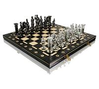 CHROME SPARTAN Chess Set 16" Wooden Chess Board with Ornaments and Weighted Chrome Plastic Pieces (Spartan Silver)