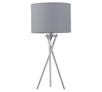 firstchoicelighting Polished Chrome Tripod Table Lamp or Bedside Light, Modern Design, Grey Cotton Fabric Shade, Height 52cm, LED Compatible